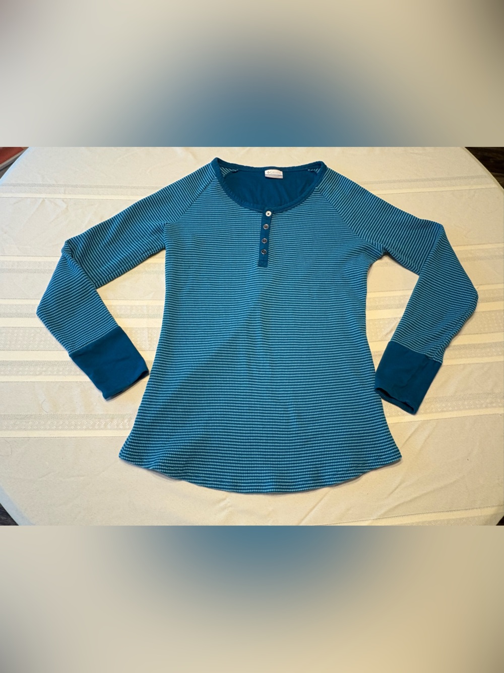 Columbia Teal Striped Long Sleeve Henley Top